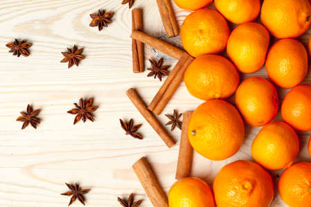 fruits (orange, mandarine), cinnamon and aniseの写真素材