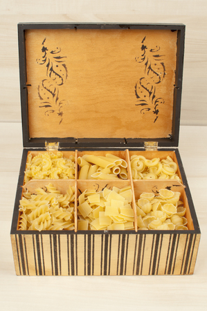 differnt kind of pasta in golden boxの写真素材