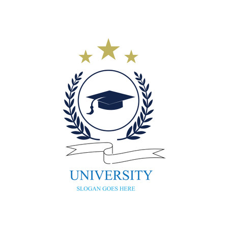 University and academy vector icons. Emblems or shields set for high school education graduates in maritime science, or law. Ribbons and badges of bachelor hat, laurel wreath, Vector Logo Templateのイラスト素材