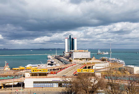Odessa, UKRAINE - MARCH 1, 2021 View of the Odessa port. The Odessa Hotel is located on the territory of the port. Tourist, European city.のeditorial素材