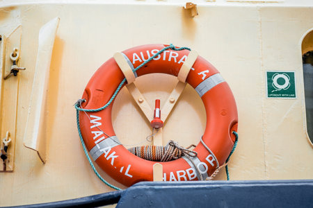 Odessa, UKRAINE - MART 1, 2021. Lifebuoy on one of the tugboats in the port of Odessa.のeditorial素材
