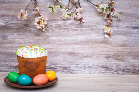 Easter cakes and eggs are on the table. Preparing for a Christian Easter celebrationの写真素材