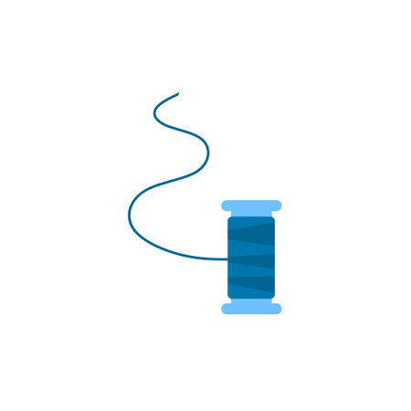 Vector illustration of a blue thread spool with a thread sticking out of it isolated on a white...
