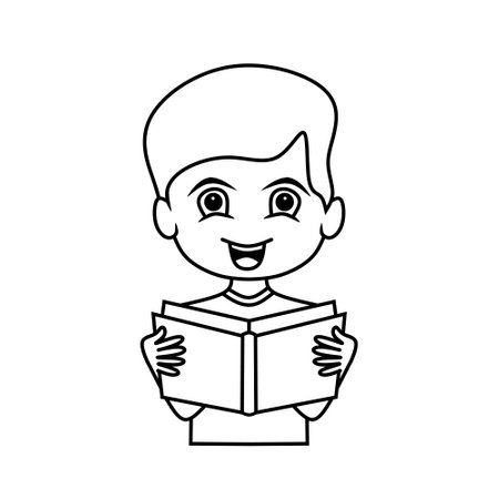 Line art vector illustration of cheerful cartoon boy reading a book. Perfect for depicting childhood, education, and the importance of learning and literacy.のイラスト素材