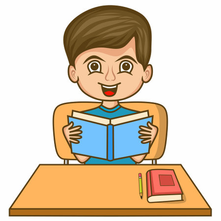 Graphic vector illustration of cheerful boy depicted in cartoon style is busy reading a book while sitting on a chair with his desk, writing pencil and additional booksのイラスト素材
