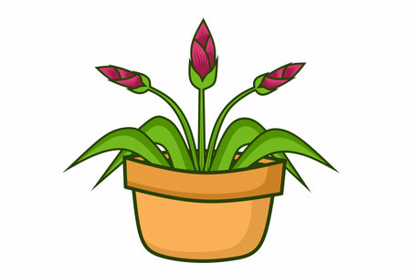 Vector graphic illustration of a green leafy potted plant with pink flower buds, showing botanical simplicity and natural essence. Ideal for home decor concepts.のイラスト素材