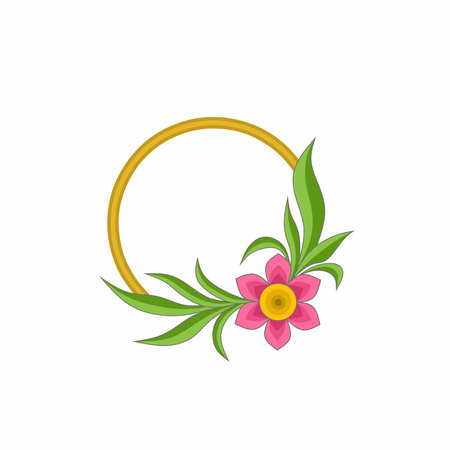 Floral design graphic vector illustration, featuring a circular golden frame decorated with bright pink flowers and elegant green leaves for decoration and creative projects.のイラスト素材