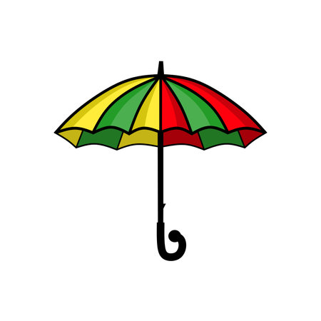 Vector illustration of a colorful umbrella featuring red, green, and yellow panels. Perfect for rain protection, summer, or tropical themed concepts.のイラスト素材