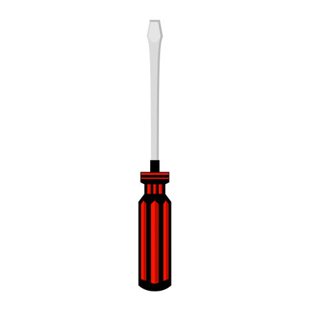 Vector graphic illustration of a screwdriver with a red and black handle with a flat tip, isolated on a white background. Perfect for tool-themed projects, home improvement guides,のイラスト素材