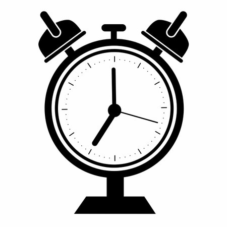 Vector illustration of classic analog alarm clock icon with bell. Black silhouette design on white background. Perfect for time management, schedule, morning routine, punctuality,のイラスト素材