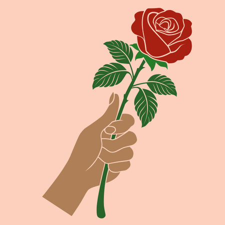 Vector graphic illustration of a hand holding a red rose flower. Perfect for romantic, floral, empowerment, greeting card, valentine's day, poster, feminism and love related visualのイラスト素材