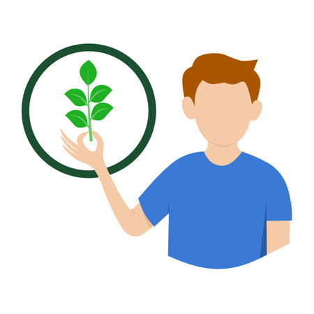 : A graphic vector illustration of a man holding a green plant inside a circle. Suitable for education, eco-friendly campaigns, posters, infographics, and ecologically themedのイラスト素材