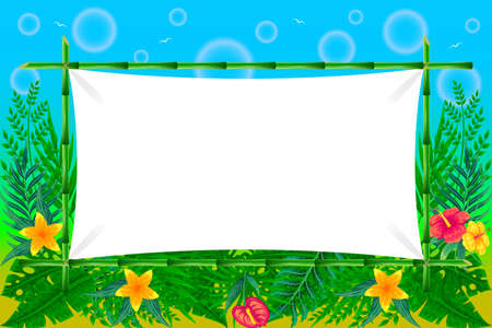 Tropical leaves background with bamboo frame vector illustrationのイラスト素材