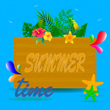 Illustration for Summer time with tropical leaves background vector illustration - Royalty Free Image