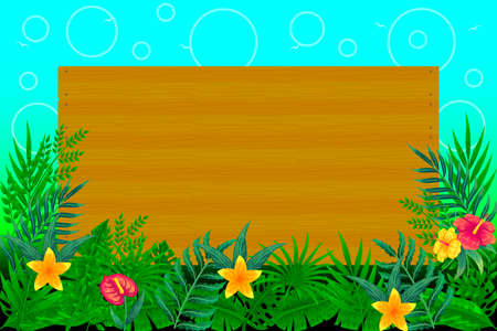 Tropical leaves background with wooden board vector illustrationのイラスト素材