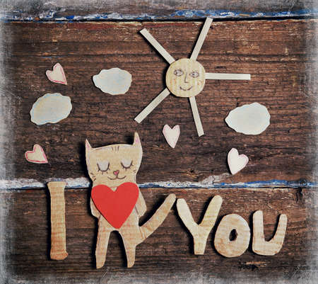 valentines day card with paper cat in loveの写真素材