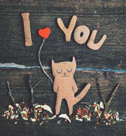 valentines day card with paper cat in loveの写真素材