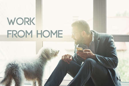businessman with phone and cute dog and text Work from home. Home isolation and quarantine during coronavirus covid-19 pandemic.の写真素材