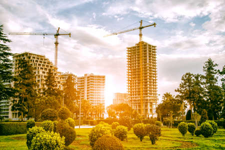 Construction site with green park area. Cranes and buildings in morning sunの写真素材