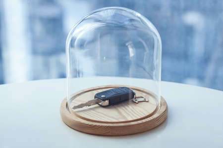 Car key under glass cap. Symbol of car insurance or automobile safetyの写真素材