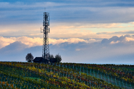 The antenna of the repeater on the background of the dawn sky and the autumn vineyards.South Moravia.Czech republic.の写真素材