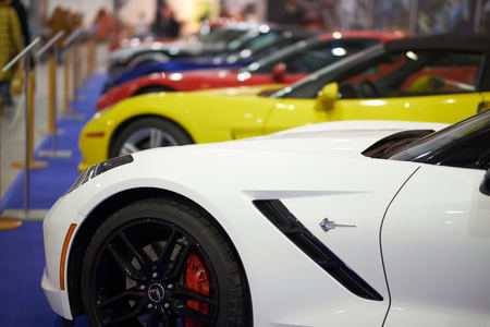 MOSCOW - MAR 09, 2018: Chevrolet Corvette stand in a row at exhibition Oldtimer-Gallery in Sokolniki Exhibition Center. It is only one in Russia exhibition of vintage cars and technical antiques.のeditorial素材