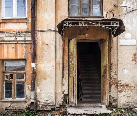 porch of the old house, facade, door, entrance, windowsの写真素材