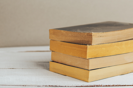 Wooden Bookshelf with old books. Close up image with copy space. の写真素材