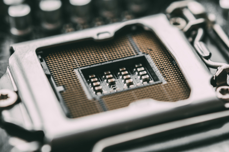 Socket for processor or cpu, macro photo. Electronic computer hardware technology. Motherboard...