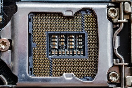 Socket for processor or cpu, top view, macro photo. Electronic computer hardware technology....