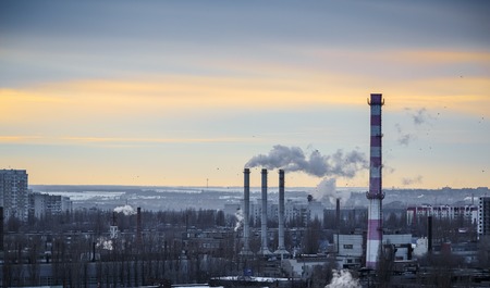 Industrial urban area landscape Voronezh. Power station with pipes of which poured smoke. Free copyspace for textの写真素材
