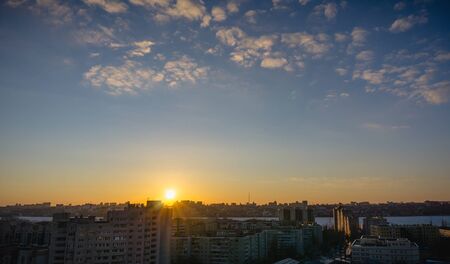 Voronezh cityscape aerial panoramic view from rooftop at sunset timeの写真素材