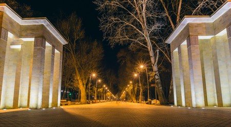 Night view of the entrance to the park Dynamo, Voronezh, gates, night lightsの写真素材