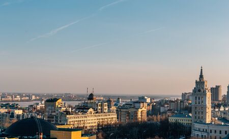 South-Eastern Railway administration building in Voronezh, symbol of city, at background of cityscape view at sunset time, rooftop viewの写真素材