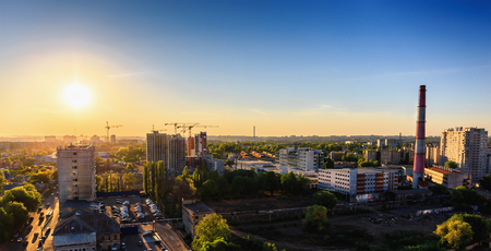 Aerial view of Voronezh City at sunset from rooftop in evening, beautiful panoramic cityscapeの写真素材
