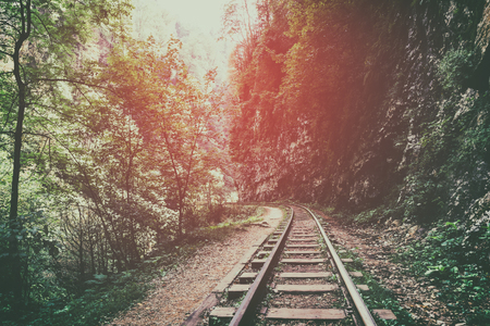 railway  or railroad among mountains, rocks and wild forests at sunset in the fog, dramatic mysterious landscape, tonedの写真素材