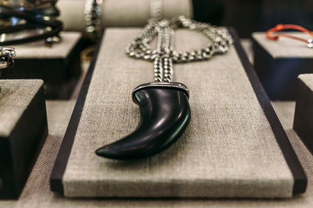 Jewelry in the form of a claw on a chain, selective focusの写真素材
