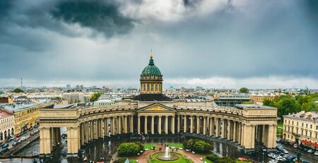 St. Petersburg panorama, aerial view of famous Kazan Cathedral or Cathedral of Our Lady of Kazan, Russian Orthodox Church with colonnade, tonedの写真素材