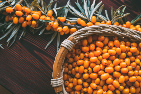 Top view of fresh raw Sea Buckthorn berries in a wooden basket and branch with leaves on wooden table, selective focus, tonedの写真素材