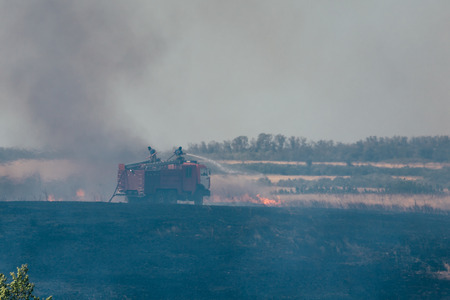 The fire truck and rescuers extinguish forest fires and fires in the fields, a lot of smoke from the...
