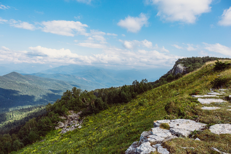 Green caucasus  mountain landscape, hiking travel concept, vacation backgroundの写真素材