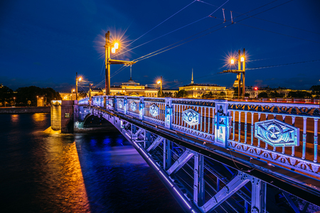Night cityscape, Hermitage, river and bridge in Saint-Petersburg. Illuminated bridgeの写真素材