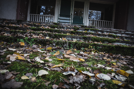 Autumn leaves in front of the stairs in the old abandoned building, autumn depression conceptの写真素材