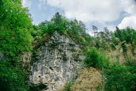 Rock with green trees forest in mountain valley park at blue sky with clouds backgroundの写真素材