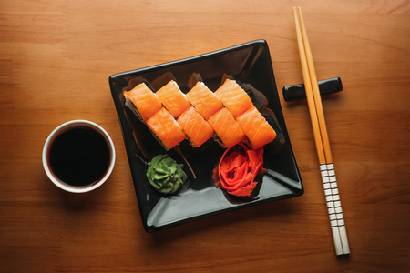 Sushi roll set on plate, Japanese food, top viewの写真素材