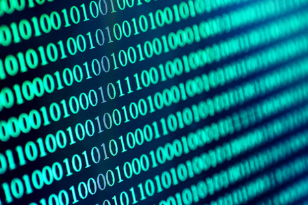 Binary code abstract background. Figures 0 and 1 on monitor screen, Modern Technology internet communication and network data in cyberspace concept, blue tonedの写真素材