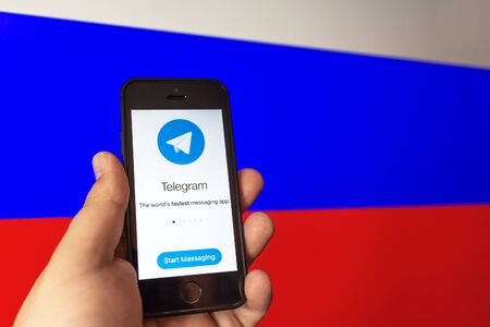 Russia, Moscow - 16 April 2018 : Telegram messenger application on smartphone in man hand at Russian...