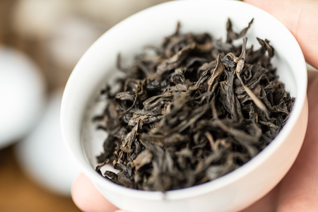 Da hong pao oolong tea in gaiwan or tea-cup in human hand, macro shot with selective focus, Chinese tea ceremony conceptの写真素材