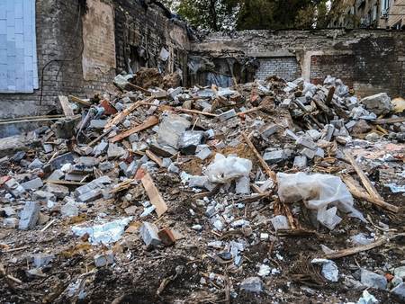 Broken building damaged by natural disaster: hurricane, earthquake, tornado