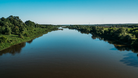 Wide river, aerial view of beautiful summer nature landscape panorama from above.の写真素材